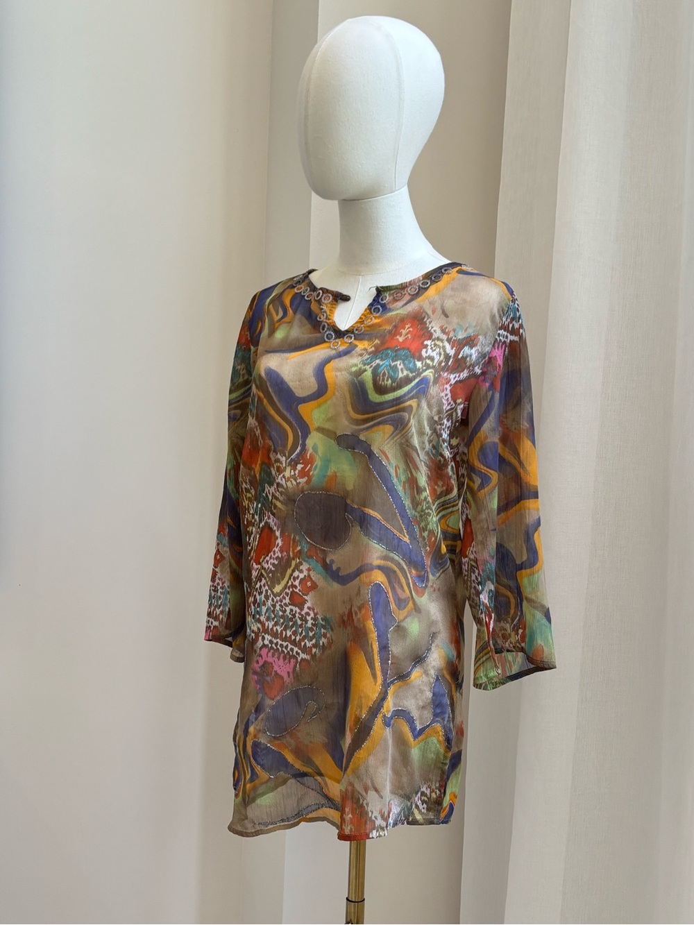 Audrey Ann Multicolor Sheer Abstract Print Top in Orange, Brown, Gray